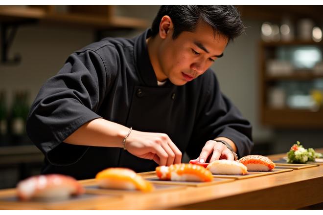 職人が真剣な表情で寿司を握る瞬間