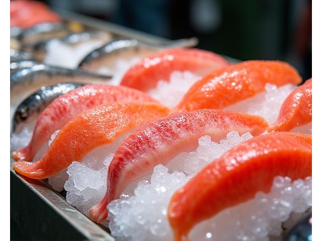 新鮮な魚介が並べられた、漁港の風景